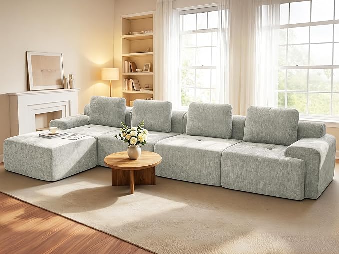 159" L Shaped Oversized Boneless Couch, Comfort Cloud Sectional Couches for Living Room, Modular Sofa High Back & Extra Deep Seat, No Assembly, Soft Chenille(Light Grey, 159 inch-L shaped（4+1）)