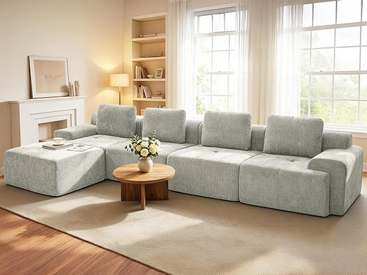 159" L Shaped Oversized Boneless Couch, Comfort Cloud Sectional Couches for Living Room, Modular Sofa High Back & Extra Deep Seat, No Assembly, Soft Chenille(Light Grey, 159 inch-L shaped（4+1）)
