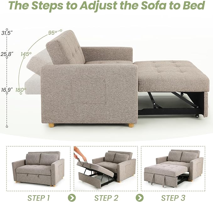 SEJOV 3-in-1 Convertible Sofa Bed, Linen Fabric Sleeper Couch Pull Out Bed, 49" 2-Seater Loveseat Futon Sofa with Spring Support, Adjustable Backrest and Pillows for Small Spaces, Living Room