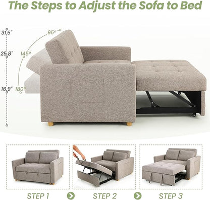 SEJOV 3-in-1 Convertible Sofa Bed, Linen Fabric Sleeper Couch Pull Out Bed, 49" 2-Seater Loveseat Futon Sofa with Spring Support, Adjustable Backrest and Pillows for Small Spaces, Living Room