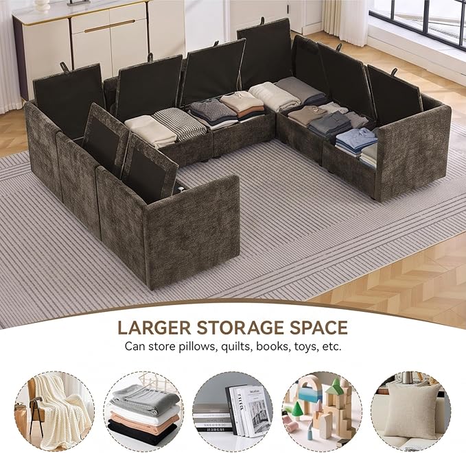 105" Brown Oversized Modular Storage Sofa, U Shaped Chenille Cloud Couch | Oversized Convertible Sectional Sofa, 8-Seat Sectional Couch With Armrests, Large Cloud Couch For Living Room, Apartment.