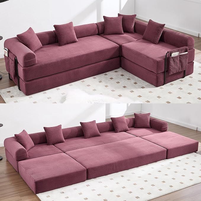 106" Oversized Convertible Sleeper Sofa Bed, Corduroy L Shape Sectional Couch, Folding Sofa Bed with Side Pocket, Modern Cloud Floor Mattress Couch, Modular Sofa for Living Room, Wine Red