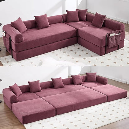 106" Oversized Convertible Sleeper Sofa Bed, Corduroy L Shape Sectional Couch, Folding Sofa Bed with Side Pocket, Modern Cloud Floor Mattress Couch, Modular Sofa for Living Room, Wine Red