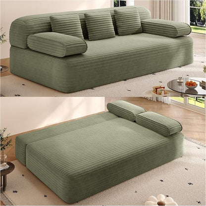 78.7" Queen Sofa Bed, Corduroy Boneless Couch in a Box, No Assembly | 30.7" extra-deep seat converts to a 78.7" x 60" queen sleeper with 3 pillows, no assembly, ideal for small spaces, Green