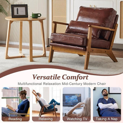 VINGLI Solid Wood Wide Armrests Accent Chair,Upholstered Mid Century Modern Chair with Pillow,Comfy Reading Chair Farmhouse Arm Chair,Chairs Living Room,Bedroom,Guest Room,PU Leather,Dark Brown