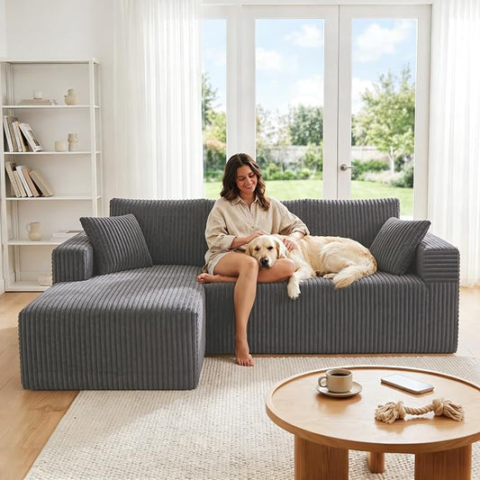92.5" Modualr Sectional Sofa, L-Shaped Corduroy Cloud Couch with Chaise, Upholstered Boneless Couches for Living Room Bedroom, No Assembly Required - Grey(Left Facing Chaise)