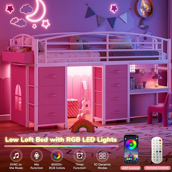 Low Loft Bed Twin Size with 7 Storage Drawers, Desk and LED Lights, Heavy Duty Metal Kids Loft Bed with 13.8" H Safety Guardrail, Anti-Collision Pad, Private Play Curtain, Under-Bed Play Space - Pink