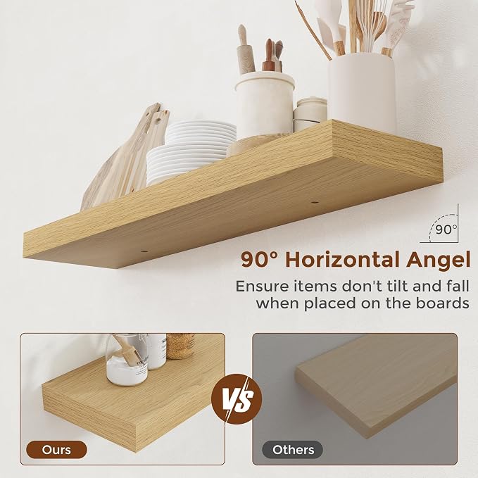 Heimlove 36 Inch Floating Shelves for Wall 8 Inch Deep Oak Shelves Set of 2,Wall Mounted Rustic Wood Long Floating Shelf with Invisible Brackets for Bedroom Kitchen Living Room
