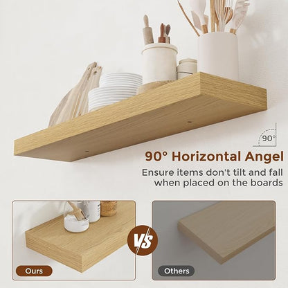 Heimlove 36 Inch Floating Shelves for Wall 8 Inch Deep Oak Shelves Set of 2,Wall Mounted Rustic Wood Long Floating Shelf with Invisible Brackets for Bedroom Kitchen Living Room