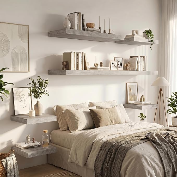 Vivelove 12" Deep Floating Shelves for Wall 16" Long, Wall Shelves for Bedroom Living Room Bathroom Kitchen Laundry Room, Farmhouse Rustic Shelves for Home Decor, 16" X 12" X 2" Set of 2, Grey