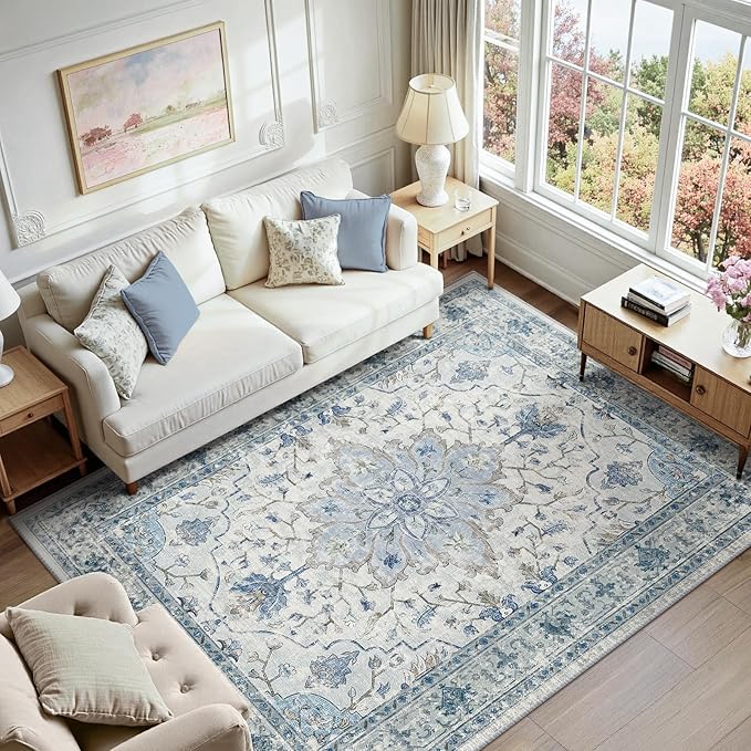 RELEANY Area Rugs 7'x9' Washable Non-Slip, Floral Vintage Distress Medallion Carpet for Living Room Bedroom Dining Room, Light Blue Navy Gray White