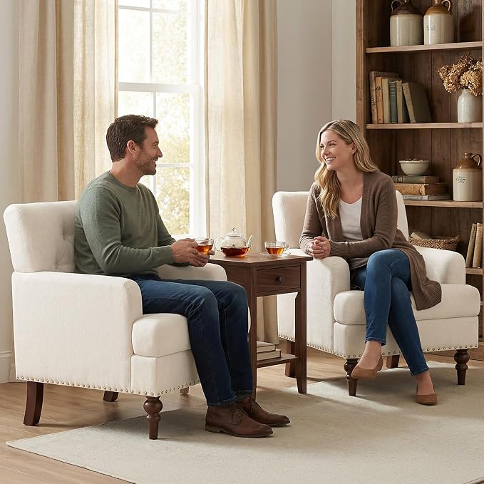 MALOL Upholstered Accent Chair Set of 2, Comfy Reading Chair for Living Room, Mid Century Modern Armchair with Thick Cushion & Solid Rubberwood Legs, for Bedroom/Small Spaces, Beige