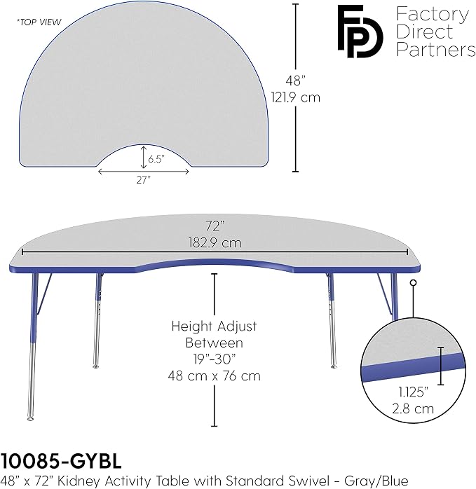 FDP Kidney Activity School and Office Table (48 x 72 inch), Standard Legs with Swivel Glides for Collaborative Seating Environments, Adjustable Height 19-30 inches - Gray Top and Blue Edge