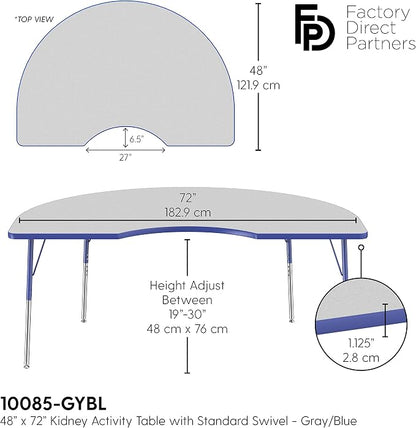 FDP Kidney Activity School and Office Table (48 x 72 inch), Standard Legs with Swivel Glides for Collaborative Seating Environments, Adjustable Height 19-30 inches - Gray Top and Blue Edge