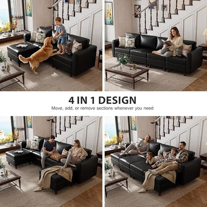 ABCASA L-Shaped Leather Couch, 4 Seater Oversized Faux Leather Couch with Waterproof Covers, Modular Sectional Modern Couch with Movable Storage Seat Ottoman for Living Room, Bedroom Apartment,Black