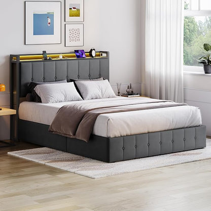 Garvee Full Size Lift Up Storage Bed with LED Lights, Upholstered Velvet Bed Frame with Storage Headboard & Charging Station, Metal Platform Bed, No Box Spring Needed, Solid Wooden Slats, Grey