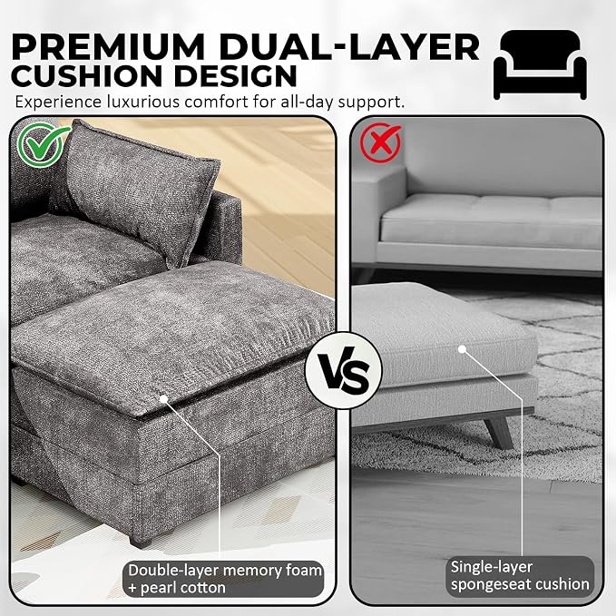 LEVELEVE 147" U-Shape Modular Sofa with 2 Ottomans, Deep Seat Cloud Convertible Sleeper, 2 Arm Pillows, Cozy Large Upholstered Furniture for Living Room Apartment, Dark Grey