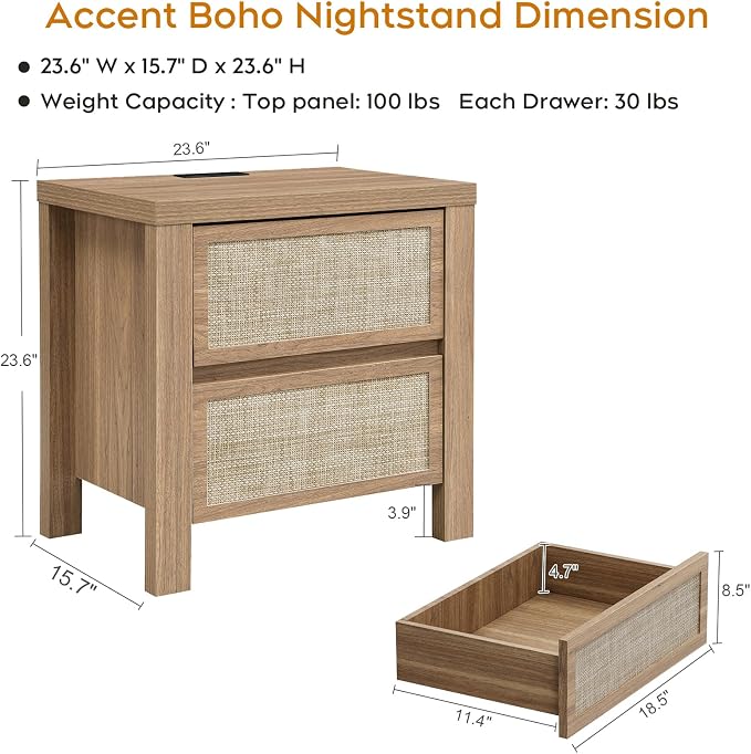 XIAO WEI 3-Piece Boho Bedroom Furniture Set, Full Wood Bed Frame with Tall Rattan Headboard, Night Stand Set of 2 with Charging Station, Modern Bedroom Furniture Set