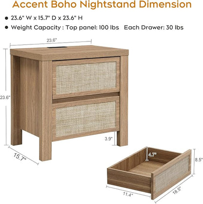 XIAO WEI 3-Piece Boho Bedroom Furniture Set, Full Wood Bed Frame with Tall Rattan Headboard, Night Stand Set of 2 with Charging Station, Modern Bedroom Furniture Set