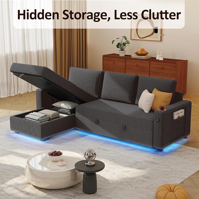 Ball & Cast 80" Sectional Sleeper Sofa Bed Pull Out Couches for Living Room | L Shaped Convertible Pull Out Sofa Bed with Storage Chaise, LED Lights, Foldable Table, USB Ports, Cup Holder and Side Pocket