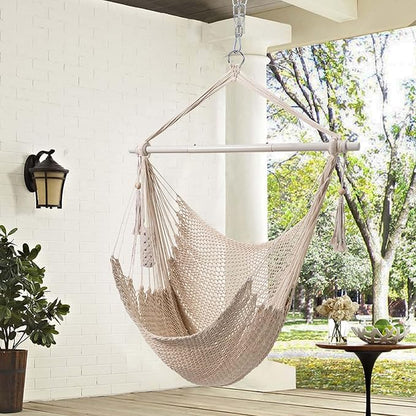 Lazy Daze Hammocks Chair Caribbean Hanging Rope Swing Chair, 40" Removable Steel Spreader Bar with Anti-Slip Rings, Soft-Spun Cotton Rope for Indoor/Outdoor Backyard & Living Room, Max 500 LBS, Beige