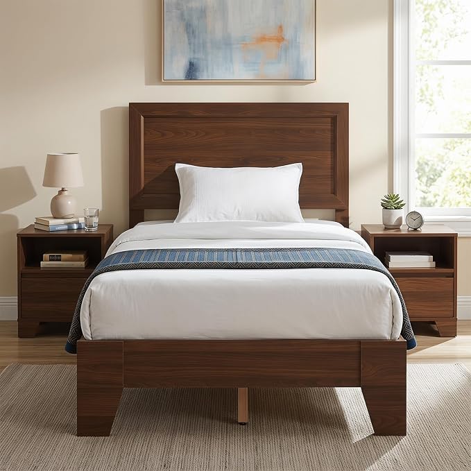 KOMFOTT Twin Size Bed Frame, Mid-Century Modern Platform Bed with Headboard, Wooden Slat Support Mattress Foundation, Under-Bed Storage Space, No Box Spring Needed (Walnut,Twin)