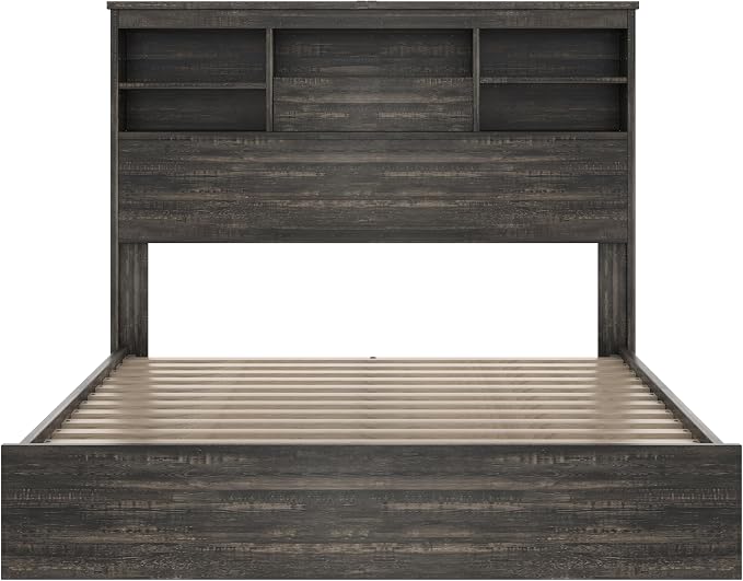4 Piece Bedroom Set, Queen Size Bedroom Furniture Sets with 2 Nightstands and Charging Station, Bedroom Furniture Sets with 1 Dresser and Wood Platform Bed Frame for Bedroom, Antique Gray
