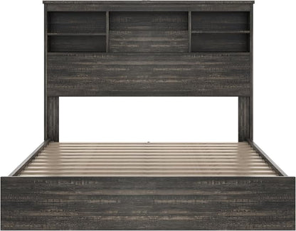 4 Piece Bedroom Set, Queen Size Bedroom Furniture Sets with 2 Nightstands and Charging Station, Bedroom Furniture Sets with 1 Dresser and Wood Platform Bed Frame for Bedroom, Antique Gray