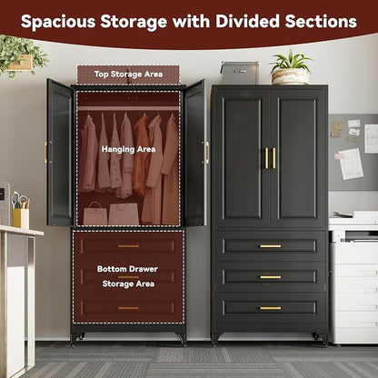 Metal Armoire Wardrobe Closet with Hanging Rod, 71" Tall Wardrobe Cabinet with Doors and 3 Drawers, Clothing Storage Cabinets for Bedroom, Home Office