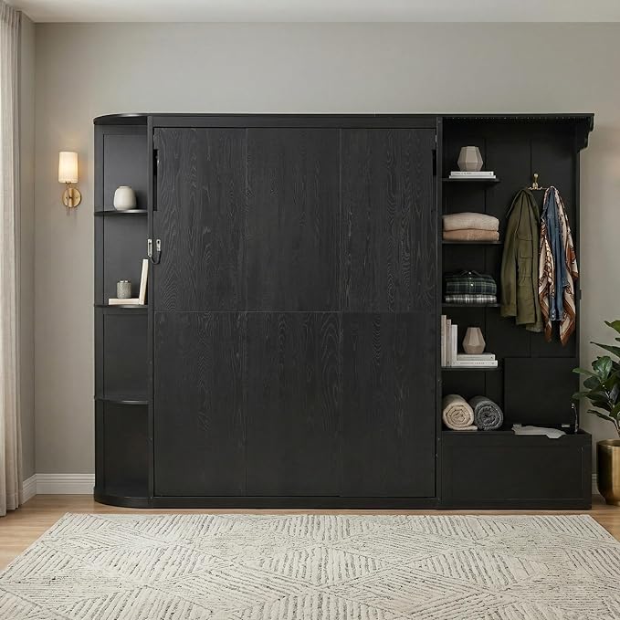 Murphy Bed Queen Size,Murphy Bed with Storage & Lights,Wall Bedframe w/Hidden Fold-Out Legs & Built-in Shelves & Cabinets，Hook,Space-Saving,Black