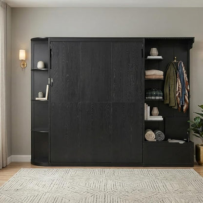 Murphy Bed Queen Size,Murphy Bed with Storage & Lights,Wall Bedframe w/Hidden Fold-Out Legs & Built-in Shelves & Cabinets，Hook,Space-Saving,Black