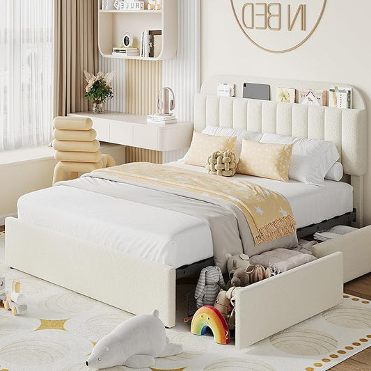 IDEALHOUSE Full Bed Frame with 2 Flexible Drawers and Bookcase Headboard, Boucle Upholstered Platform Bed for Boys/Girls, Noise-Free, Easy Assembly, No Box Spring Needed, Beige