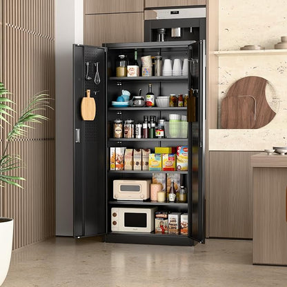 SUXXAN Metal Storage Cabinet with Pegboard 71'' x 34'' x 18'',Lockable Steel Storage Cabinet with 5 Adjustable Shelves and Door for Garage, Office, Kitchen, Assembly Required(Black)