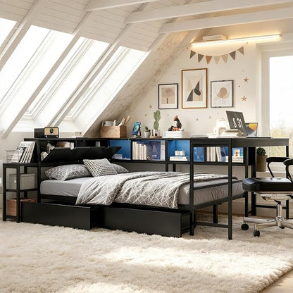 Bellemave Queen Corner Bed Frame with Storage Bookcase & 2 Drawers, Modern Metal Queen Daybed with LED Lights & Charging Station, Reversible Queen Size Corner Bed with Desk for Space-Saving, Black