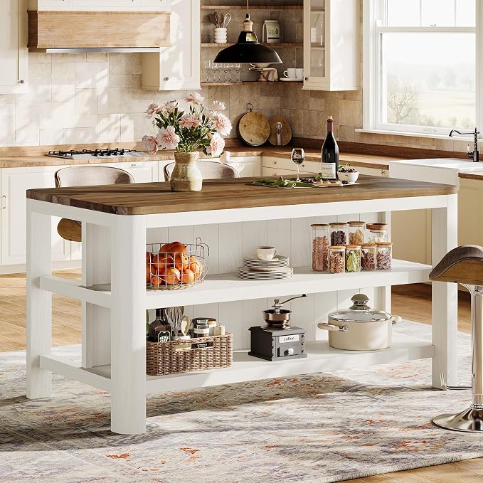 63-Inch Solid Wood Kitchen Island with Storage Shelves, Farmhouse Island Table with Seating, Counter Height Bar Table for Dining Room, Kitchen, Easy to Assemble, Brown and White