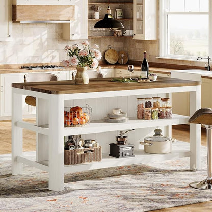 63-Inch Solid Wood Kitchen Island with Storage Shelves, Farmhouse Island Table with Seating, Counter Height Bar Table for Dining Room, Kitchen, Easy to Assemble, Brown and White