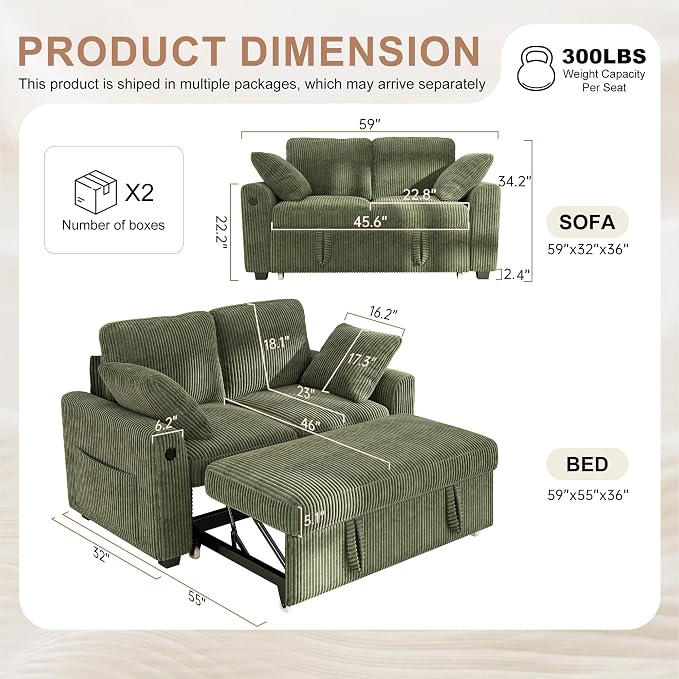 Hanherry 59" Loveseat Sofa with Pull Out Couch Bed, Corduroy 2-in-1 Convertible 2 Seater Sleeper Sofa with USB Charging,Comfy Love Seat for Small Spaces Living Room Apartment