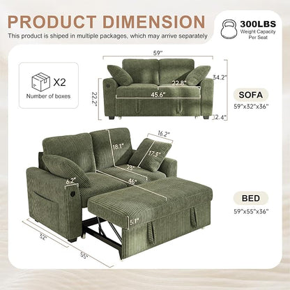 Hanherry 59" Loveseat Sofa with Pull Out Couch Bed, Corduroy 2-in-1 Convertible 2 Seater Sleeper Sofa with USB Charging,Comfy Love Seat for Small Spaces Living Room Apartment