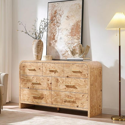 Curved 7 Drawer Dresser for Bedroom, 53.82'' Wide Chest of Drawers, Modern Storage Cabinet for Hallway & Living Room TV Stand, FSC Certified 1.18" Thick Board, 100 lbs Top Weight, Light Burl