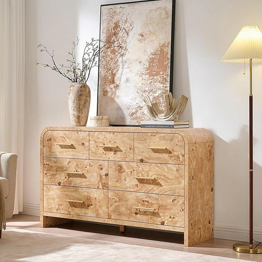 Curved 7 Drawer Dresser for Bedroom, 53.82'' Wide Chest of Drawers, Modern Storage Cabinet for Hallway & Living Room TV Stand, FSC Certified 1.18" Thick Board, 100 lbs Top Weight, Light Burl