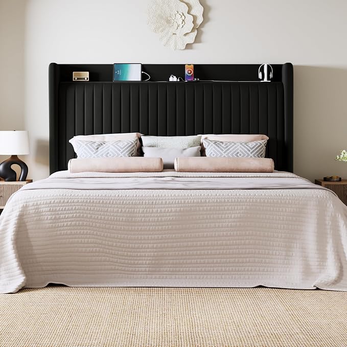 Allewie Queen Size Platform Bed Frame with USB Charging Station and Storage Shelf/Upholstered Velvet Wingback Headboard/Wooden Slats Support/No Box Spring Needed/Easy Assembly, Black