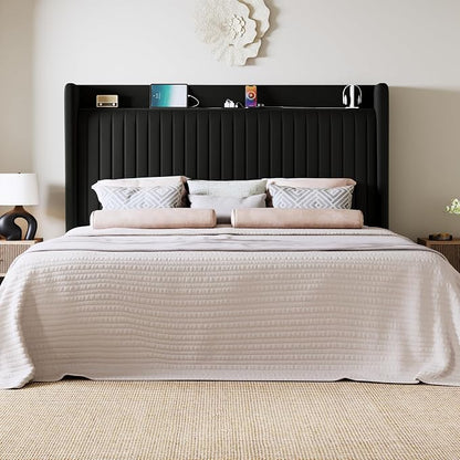 Allewie Queen Size Platform Bed Frame with USB Charging Station and Storage Shelf/Upholstered Velvet Wingback Headboard/Wooden Slats Support/No Box Spring Needed/Easy Assembly, Black