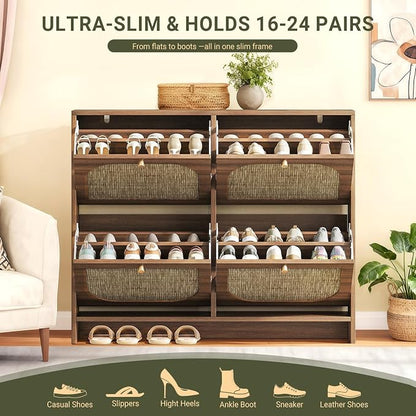 Nicetree Freestanding Ultra Slim Arched Accent Entryway Shoe Storage - 4 Flip Drawers & 3-Tier Adjustable Shelves, Modern Slim Shoe Cabinet for Hallway, Foyer (flip Down Shoe Cabinet | Amber Oak)