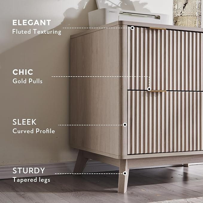 T4TREAM 2 Drawer File Cabinet, 31.8" W Fluted Lateral File Cabinet w/Files Hanging Rod for Letter/Legal/A4, Large Tabletop for Printer, Office Wood Printer Cabinets, Alder White (Gen 2)