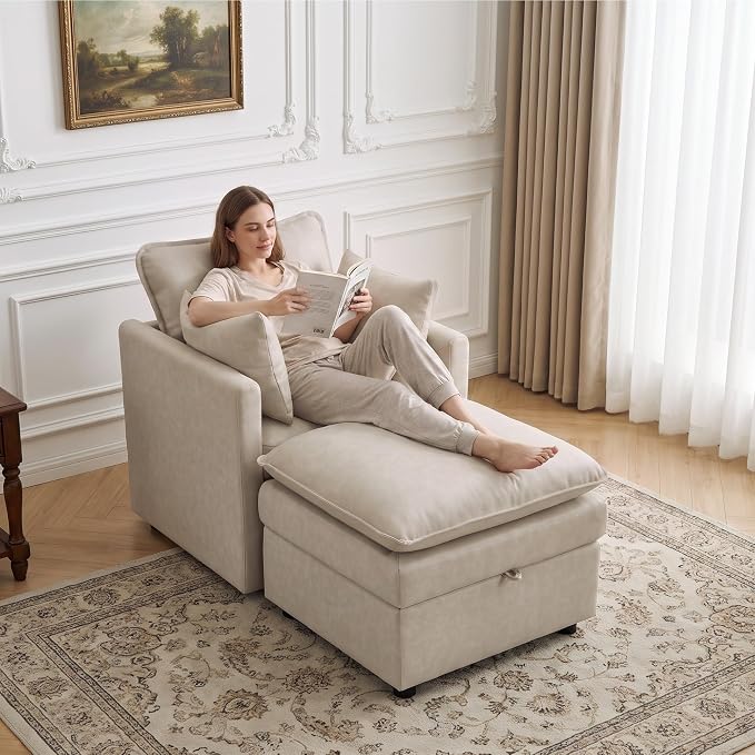 30" Beige Faux Leather Storage Sofa Chair, Single Accent Chair with Ottoman | Modern Upholstered Deep Seat Sofa Chair, Comfort for Reading, Lounging, and Small spaces, Armchair for Living Room, Bedroom