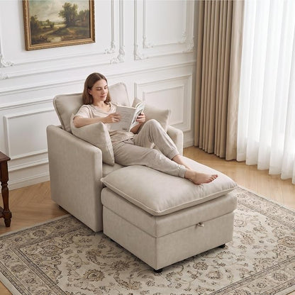 30" Beige Faux Leather Storage Sofa Chair, Single Accent Chair with Ottoman | Modern Upholstered Deep Seat Sofa Chair, Comfort for Reading, Lounging, and Small spaces, Armchair for Living Room, Bedroom