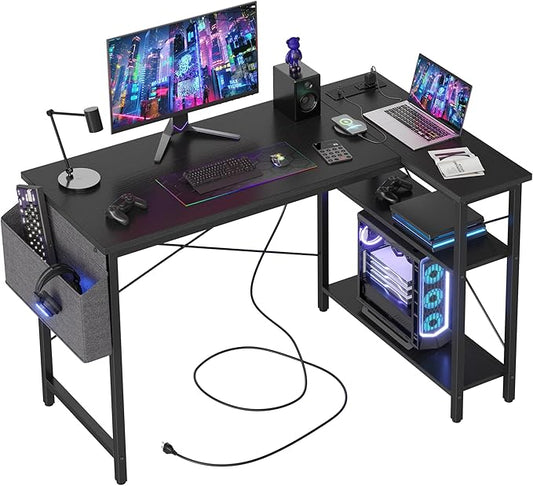 TIQLAB L Shaped Computer Desk with Power Outlets, 47 Inch Small Corner Desk with Reversible Shelves, Gaming Desk Computer Table Study Writing Table for Home Office Bedroom Small Space, Black