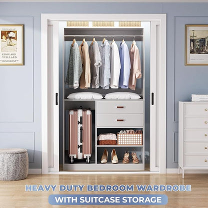 Armocity Closet System with Suitcase Storage, 40 Inches Stand-alone Wardrobe with 2 Wood Drawers, 80'' Height Adjustable Cloth Garment Rack, Walk-in Closet with Hanging Rod, Grey