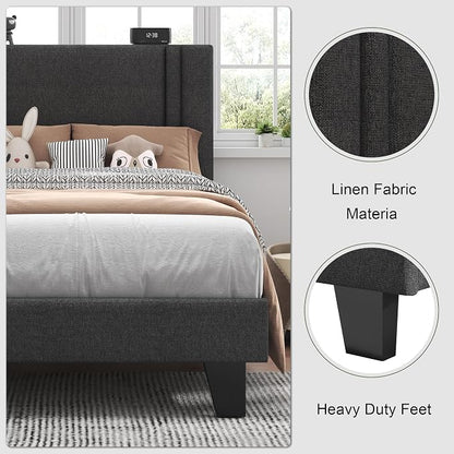 Feonase Twin Platform Bed Frame, Fabric Upholstered Twin Bed Frame, Solid Wood Slats & Heavy Duty Feet Support, No Box Spring Needed, Noise-Free, Easy Assembly, Dark Grey