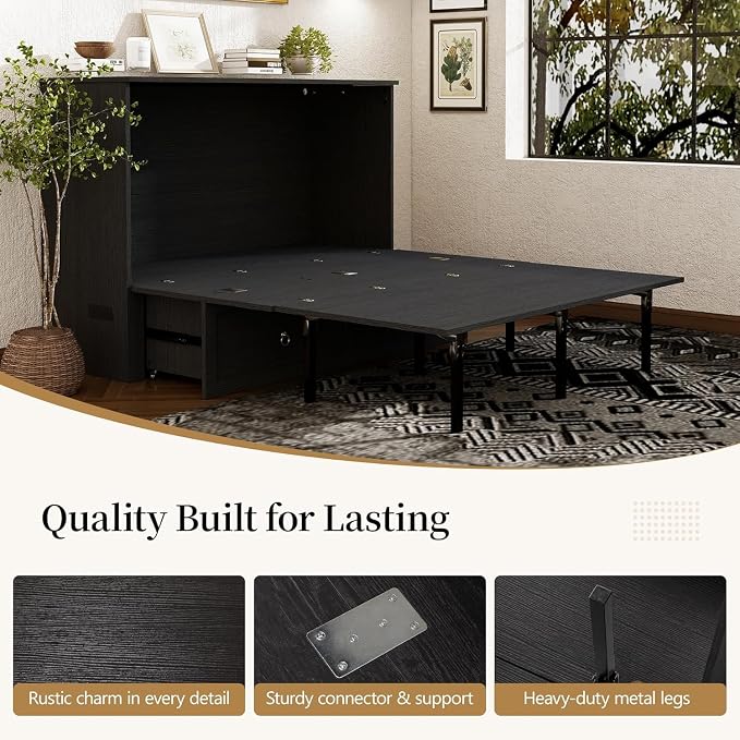 Ihanherry Farmhouse Queen Murphy Bed with Storage Drawer,Cabinet Bed with LED Lights & Charging Station, Space Saving Wall Bed for Small Bedroom/Home Office, Noise Free & Easy Assembly, Black